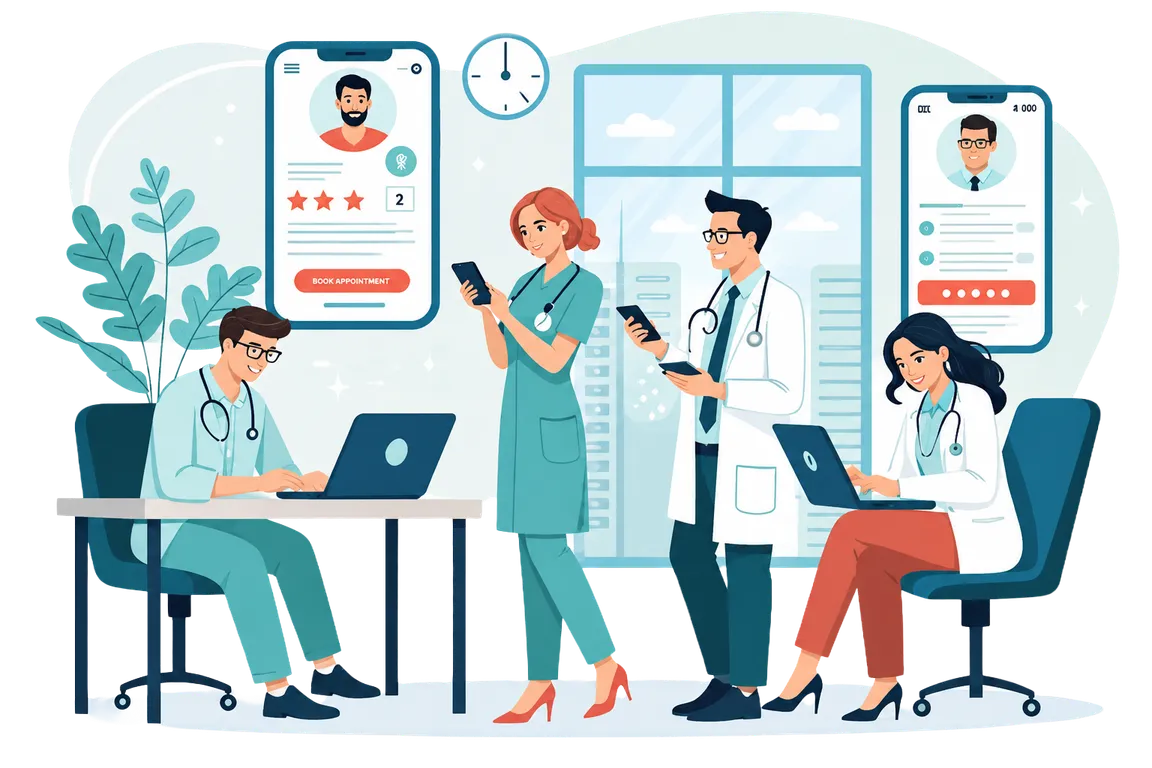 Doctors and nurses using the MediSpace platform on laptops and phones to browse medical jobs